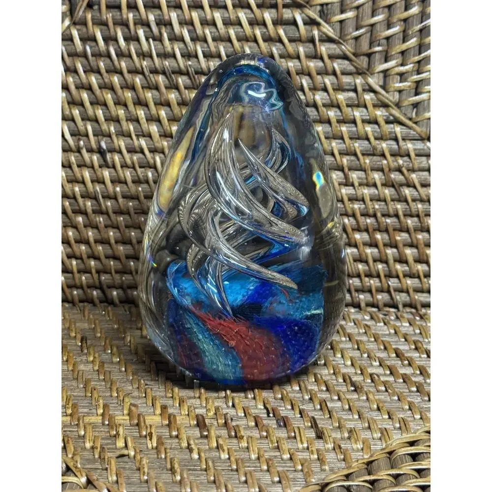 Egg Shape Clear Ribbon Spiral Swirl w/Colorful Base Design Art Glass Paperweight